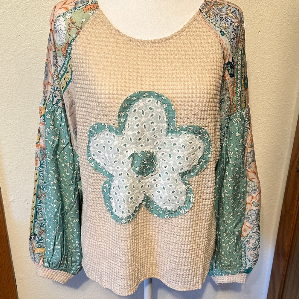 NWT DAVI & DANI Floral Patchwork Blouse with Teal and Cream